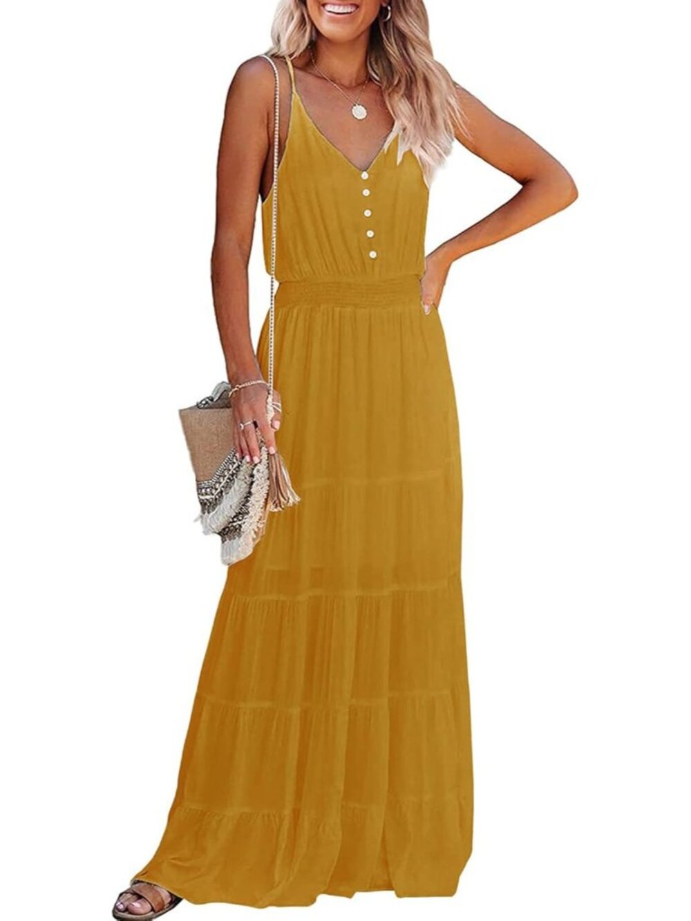 〽️Women's Yellow Spaghetti Strap V Neck Flowy Maxi Dress Summer Sundress 2026